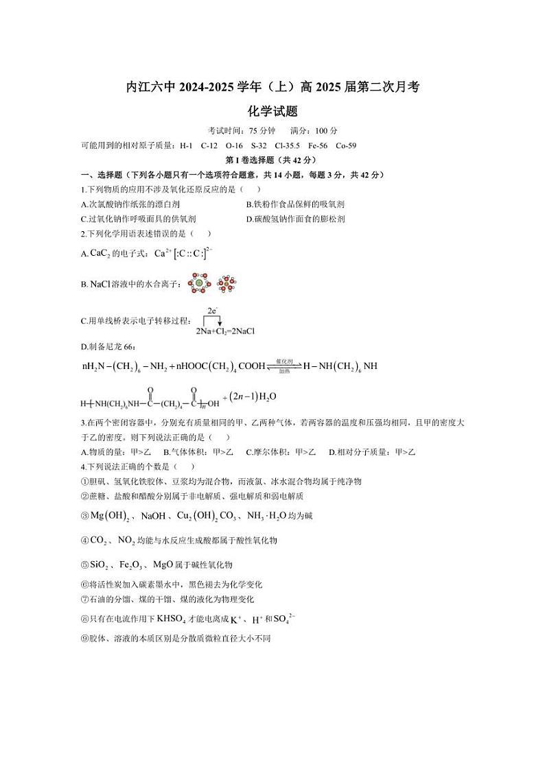 [化学]四川省内江市第六中学2024～2025学年高三上学期第二次月考试题(有答案)第1页