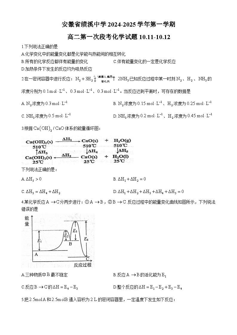安徽省绩溪中学2024-2025学年高二上学期10月月考化学试题(无答案)01