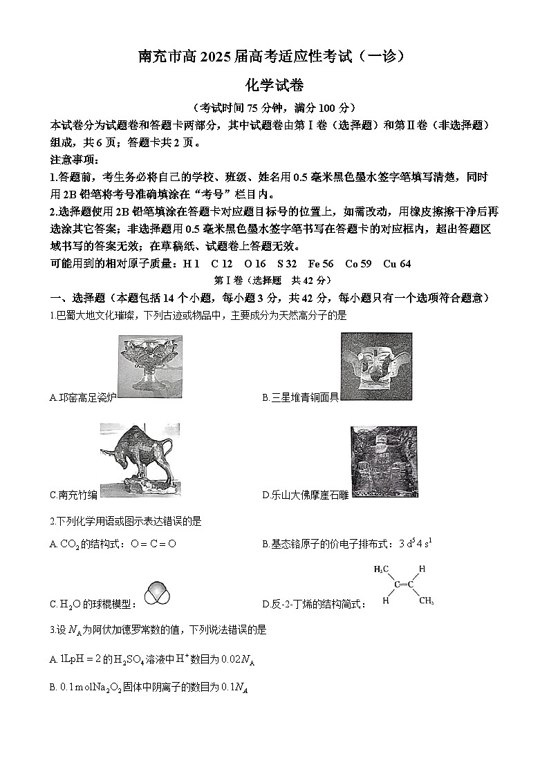 四川省南充市2025届高三上学期高考适应性考试（一诊）化学试题01