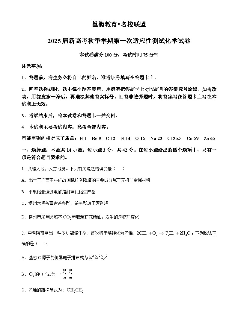 广西邕衡教育名校联盟2024-2025学年高三上学期10月适应性检测 化学试题（含解析）第1页