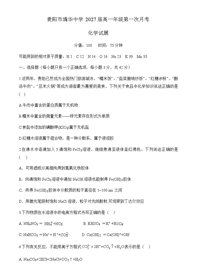 贵州省贵阳市清华中学2024-2025学年高一上学期第一次月考化学试题01