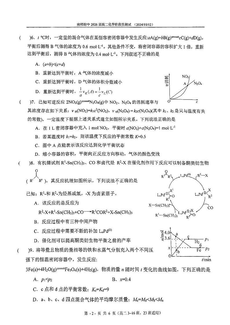 江苏省南京师范大学附属中学2024-2025学年高二上学期10月段考化学试题第2页