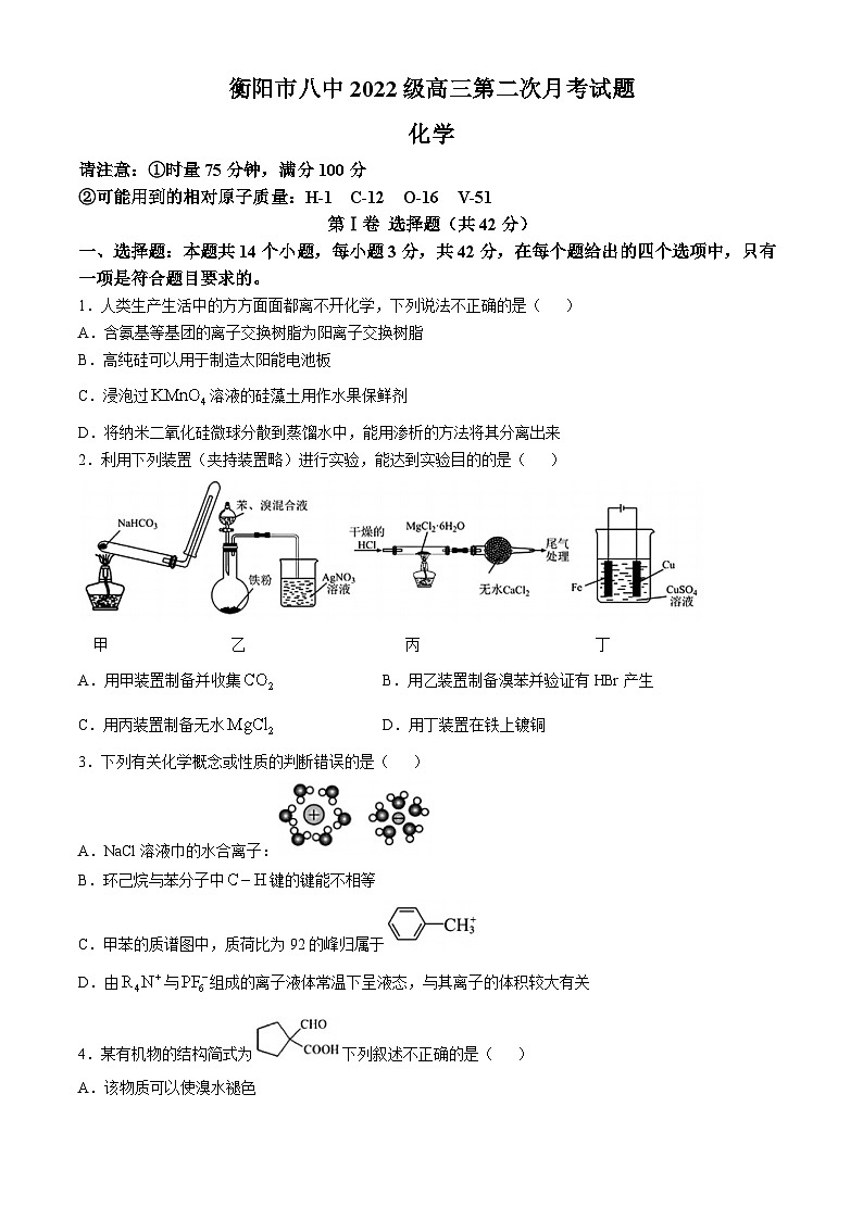 湖南省衡阳市第八中学2024-2025学年高三上学期第二次月考 化学试题(无答案)第1页