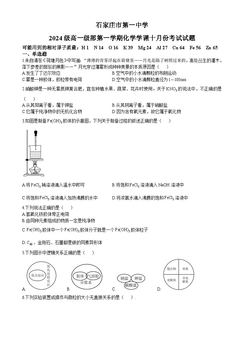 河北省石家庄市第一中学2024-2025学年高一上学期10月份考试 化学试题第1页