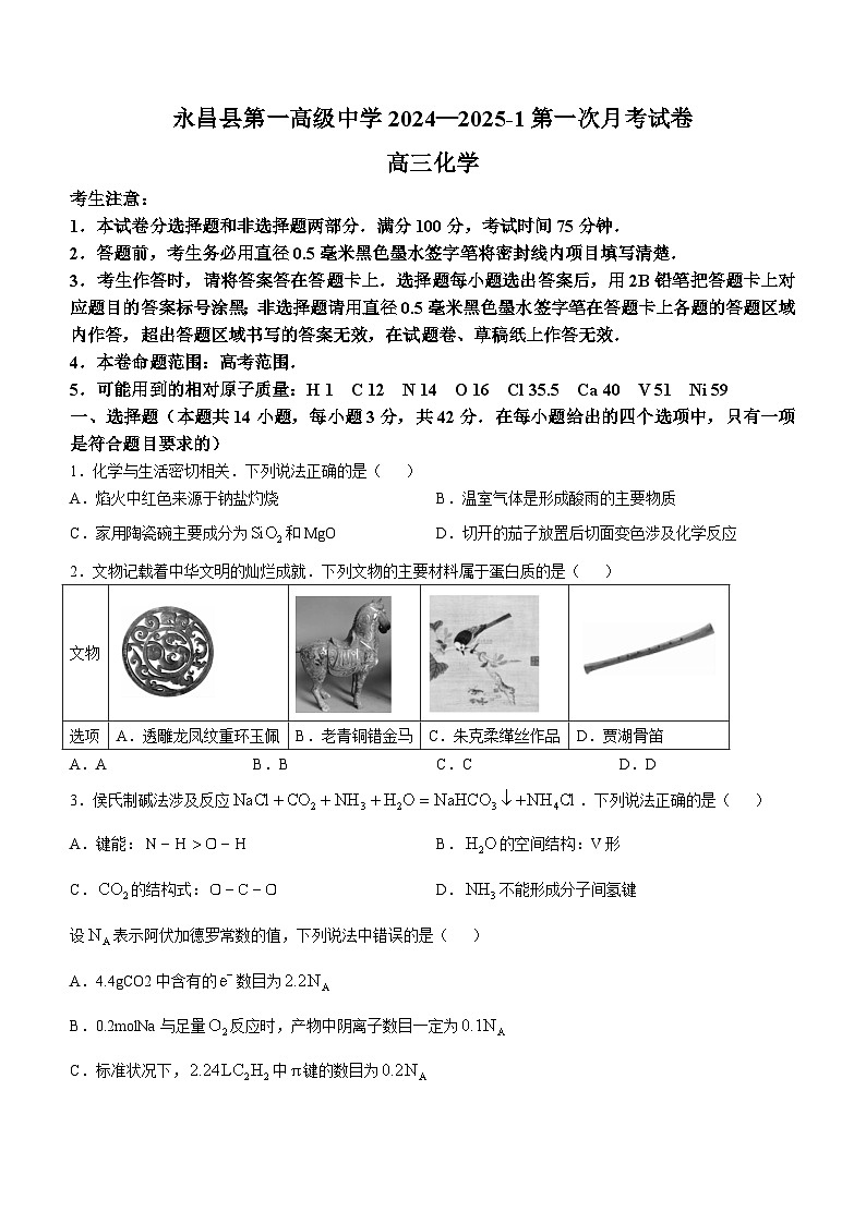 甘肃省金昌市永昌县第一高级中学2024-2025学年高三上学期第一次月考 化学试卷第1页