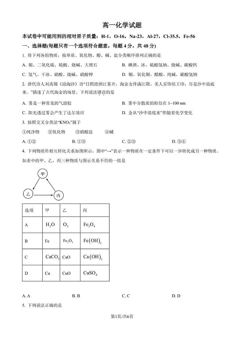 湖南长沙雅礼中学2024-2025学年高一上学期10月月考 化学试题（含答案）第1页