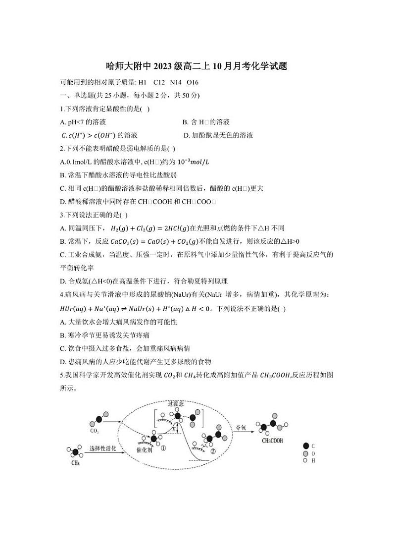 [化学]黑龙江省哈尔滨师范大学附属中学2024～2025学年高二上学期10月阶段性考试试卷(有答案)01