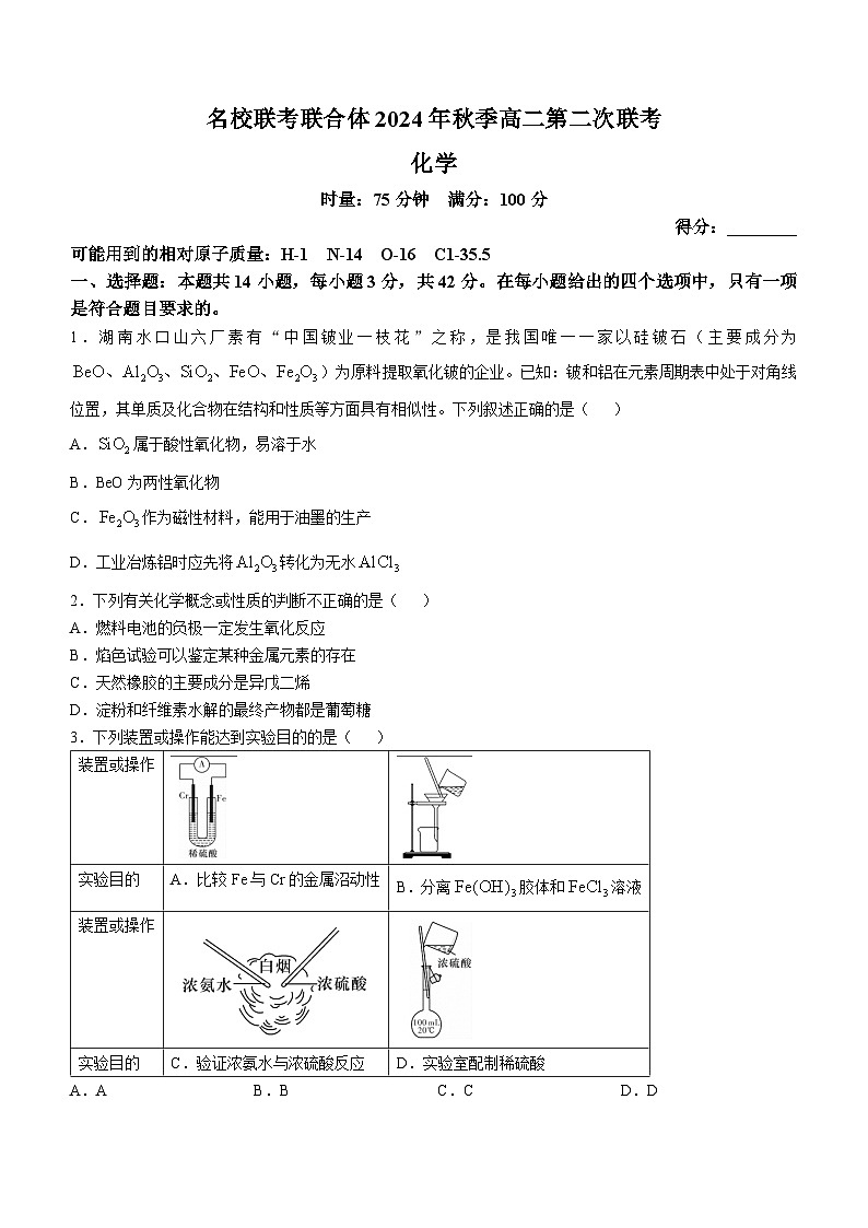湖南省长沙市名校联考联合体2024-2025学年高二上学期第一次月考 化学试卷第1页