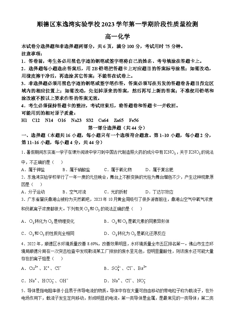 顺德区2023-2024学年东逸湾实验学校高一上学期化学期中考试试卷(无答案)第1页