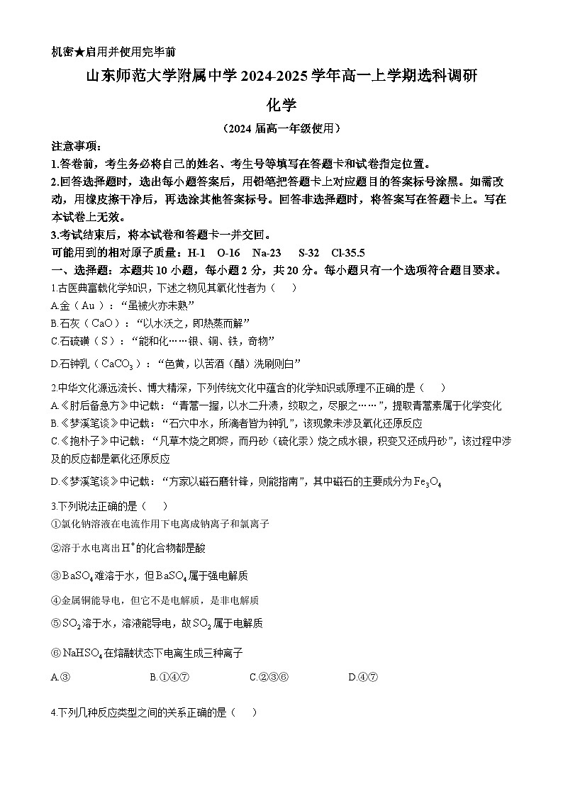 山东师范大学附属中学2024-2025学年高一上学期选科调研化学试题（含答案）第1页