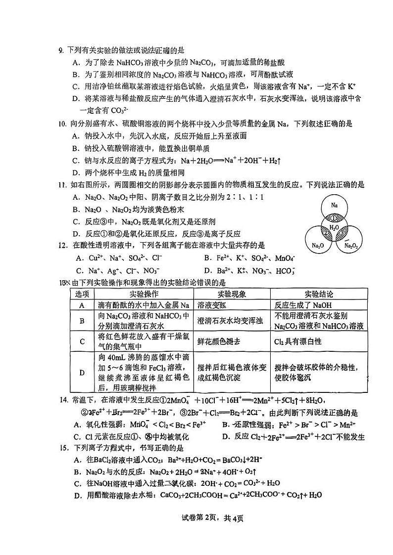 南宁银海三雅学校2023-2024年上学期段考高一化学试题第2页