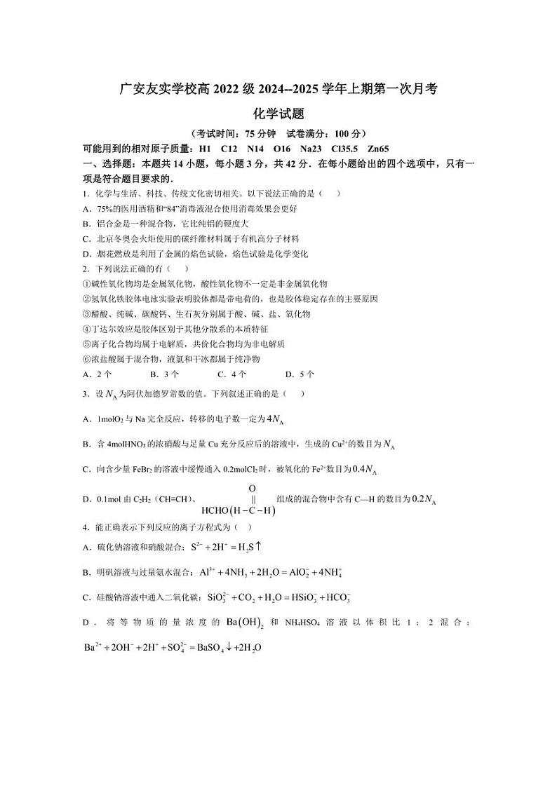 [化学]四川省广安友实学校2024～2025学年高三上学期10月月考试卷(有答案)第1页
