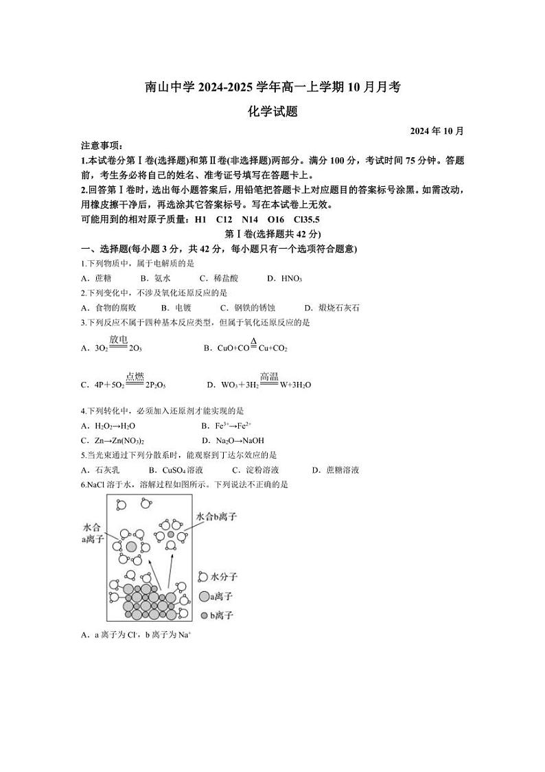 [化学]四川省绵阳南山中学2024～2025学年高一上学期10月月考试题(有答案)第1页
