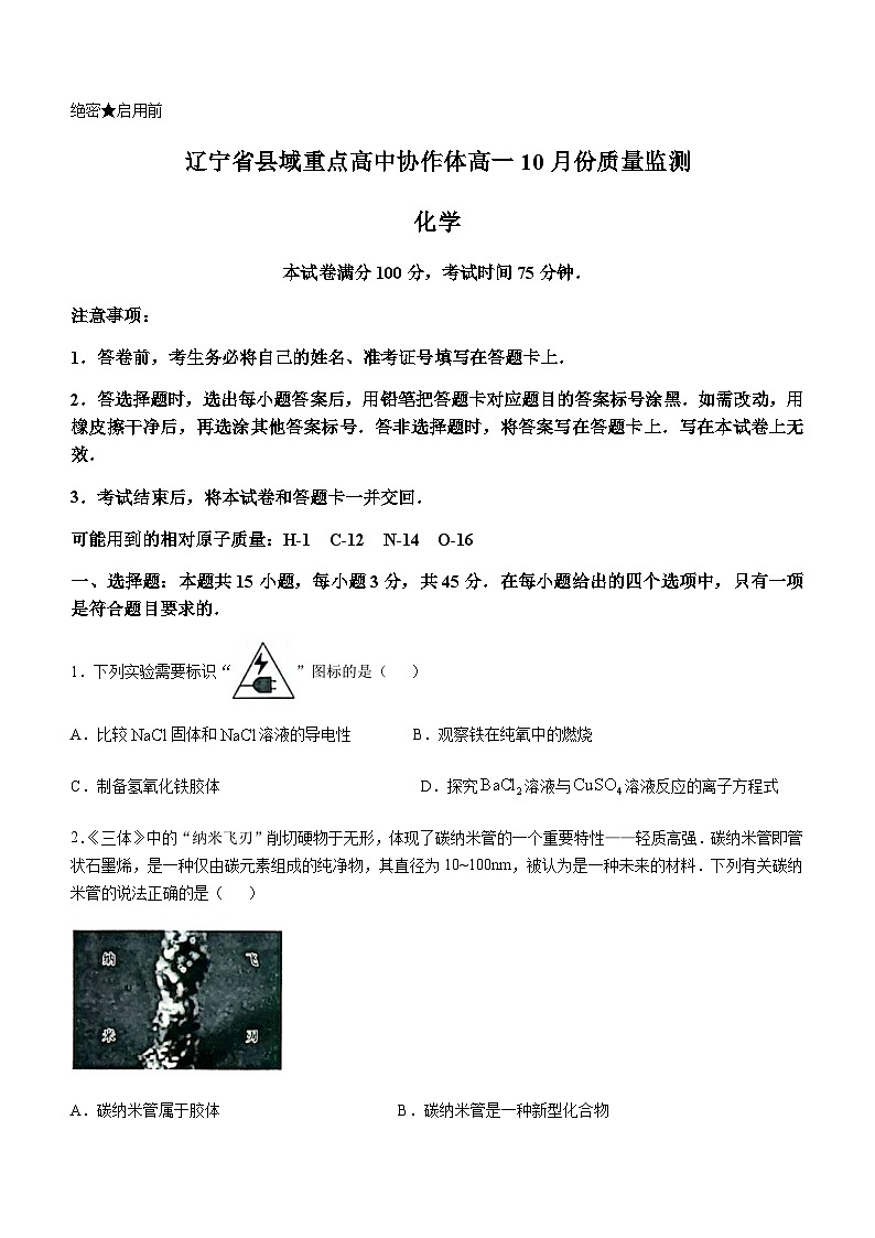 辽宁省县域重点高中协作体2024-2025学年高一上学期10月份质量监测化学试卷（含解析）第1页
