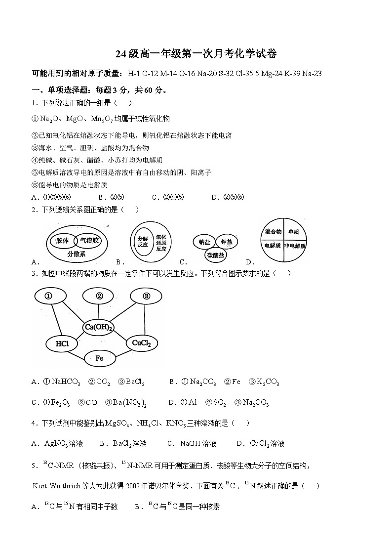 河北省沧州市泊头市第一中学2024-2025学年高一上学期10月月考 化学试题(无答案)第1页