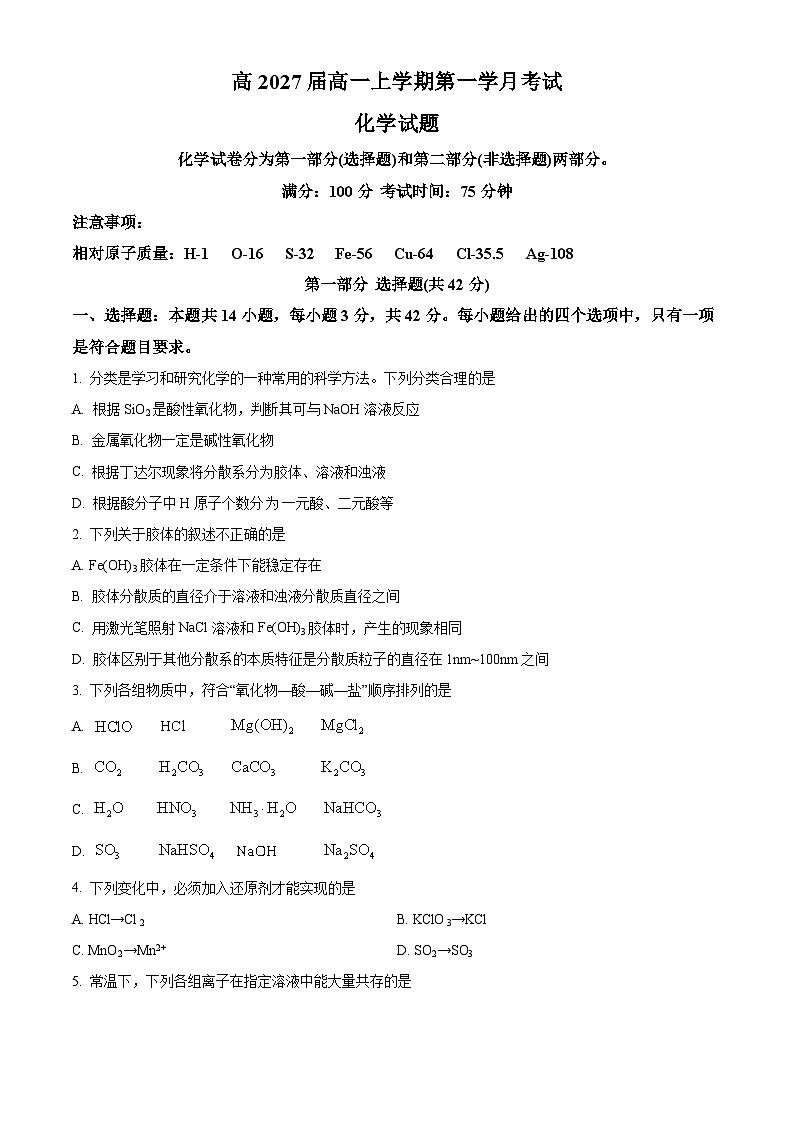 四川省泸州市泸县第五中学2024-2025学年高一上学期10月月考化学试题（Word版附解析）01