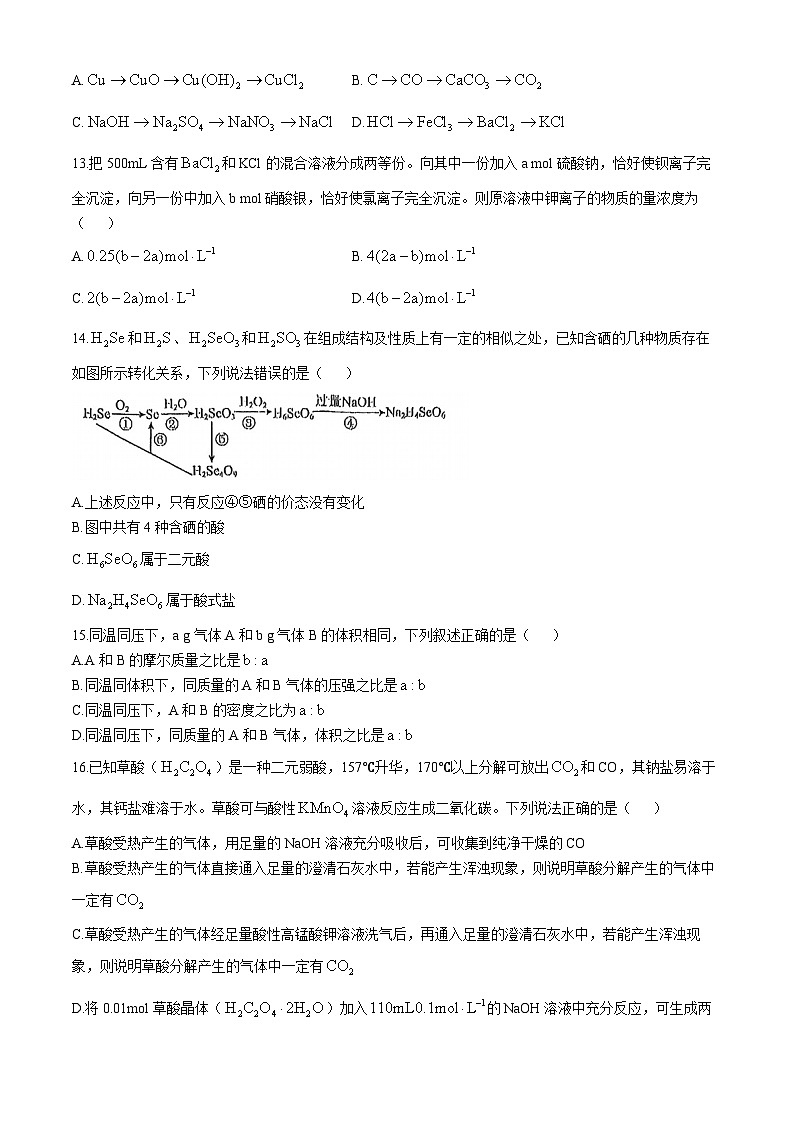 江苏省苏州中学校2024-2025学年第一学期高一化学第一次月考试题(无答案)03