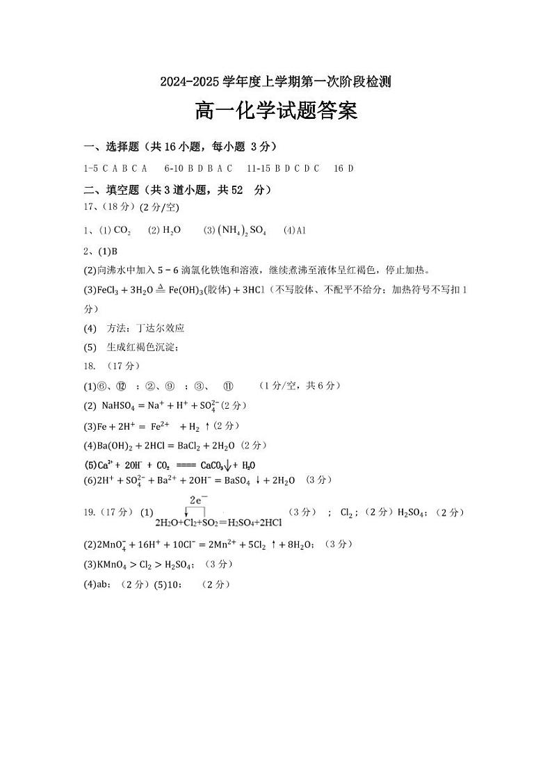 黑龙江省大庆实验中学二部2024-2025 学年高一上学期10月第一阶段检测化学试题01