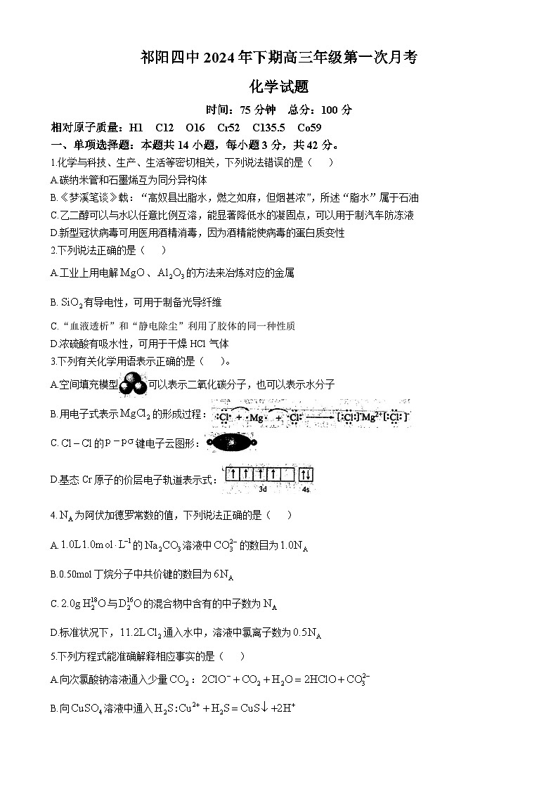 湖南省祁阳市第四中学2024-2025学年高三上学期8月考试  化学试题(无答案)第1页