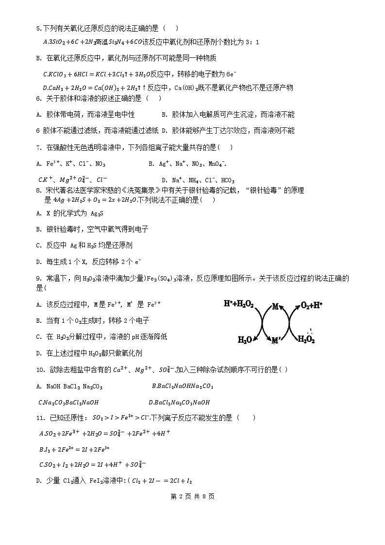 2024年十月中山纪念中学高一段考一化学卷第2页
