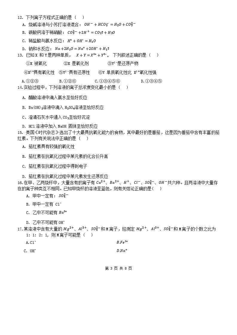 2024年十月中山纪念中学高一段考一化学卷第3页