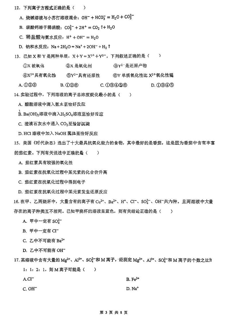 2024年十月中山纪念中学高一段考一化学卷第3页