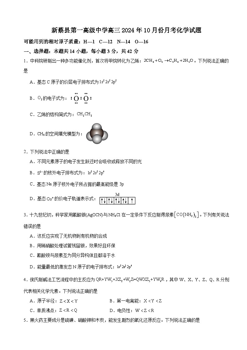 河南省驻马店市新蔡县第一高级中学2024-2025学年高三上学期10月月考 化学试题01