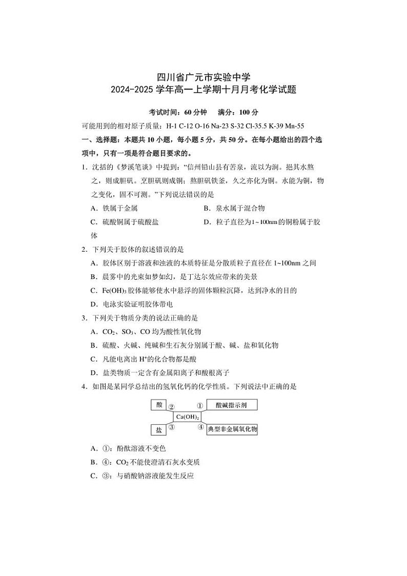 [化学]四川省广元市实验中学2024～2025学年高一上学期10月月考试题(有答案)第1页