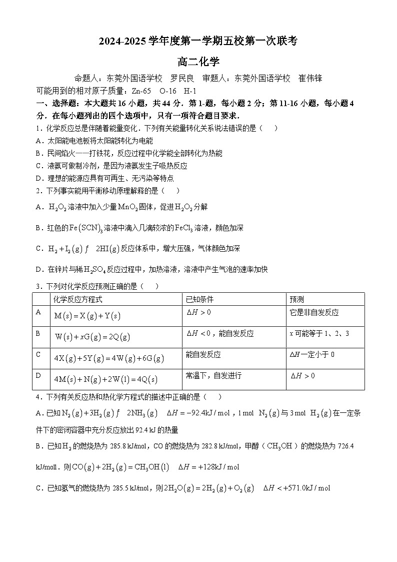广东省东莞一中、东莞外国语、东莞实验、东莞高级、东莞第六中学五校2024-2025学年高二上学期10月第一次联考化学试题(无答案)第1页