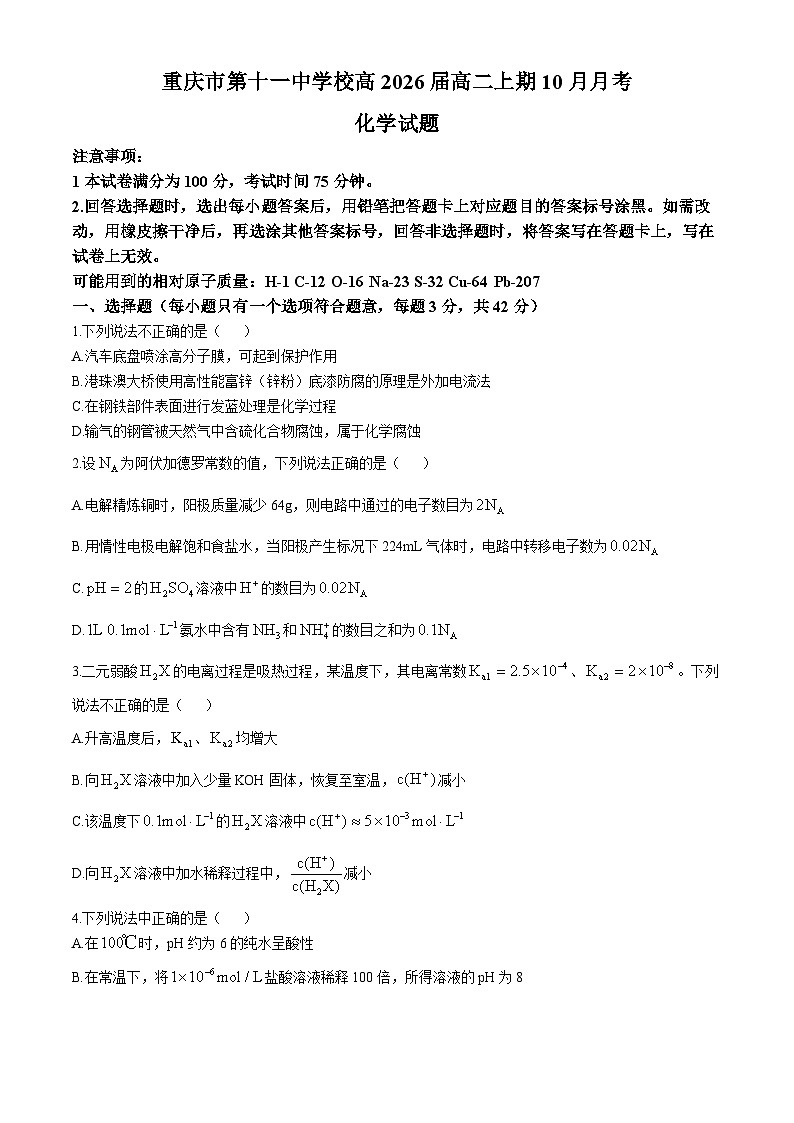 重庆市第十一中学校2024-2025学年高二上学期10月第一次月考化学试题01