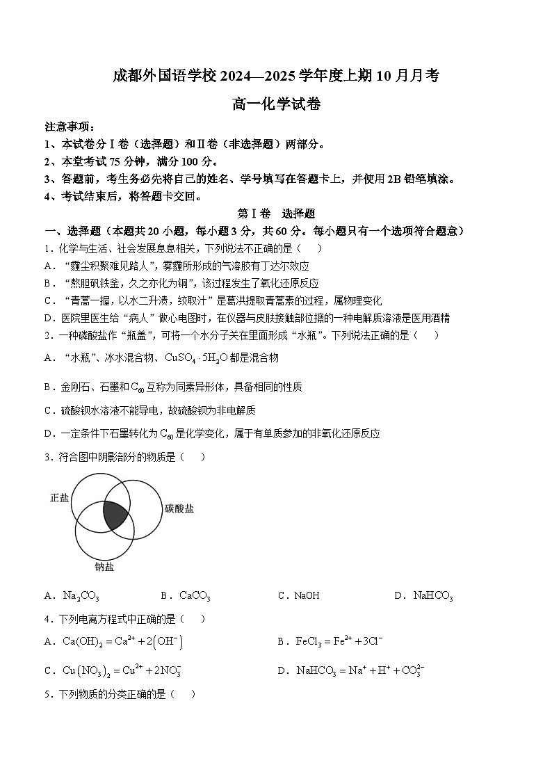 四川省成都外国语学校2024-2025学年高一上学期10月月考化学试题01