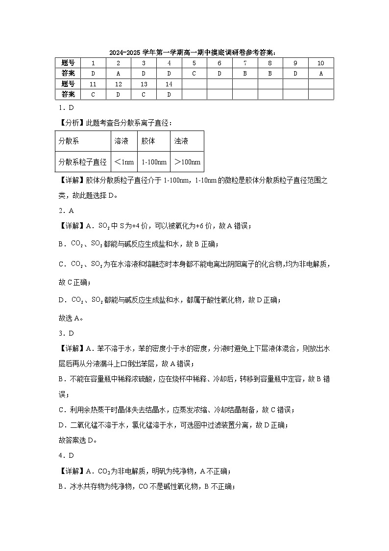 2024-2025学年第一学期高一期中摸底调研卷答案第1页