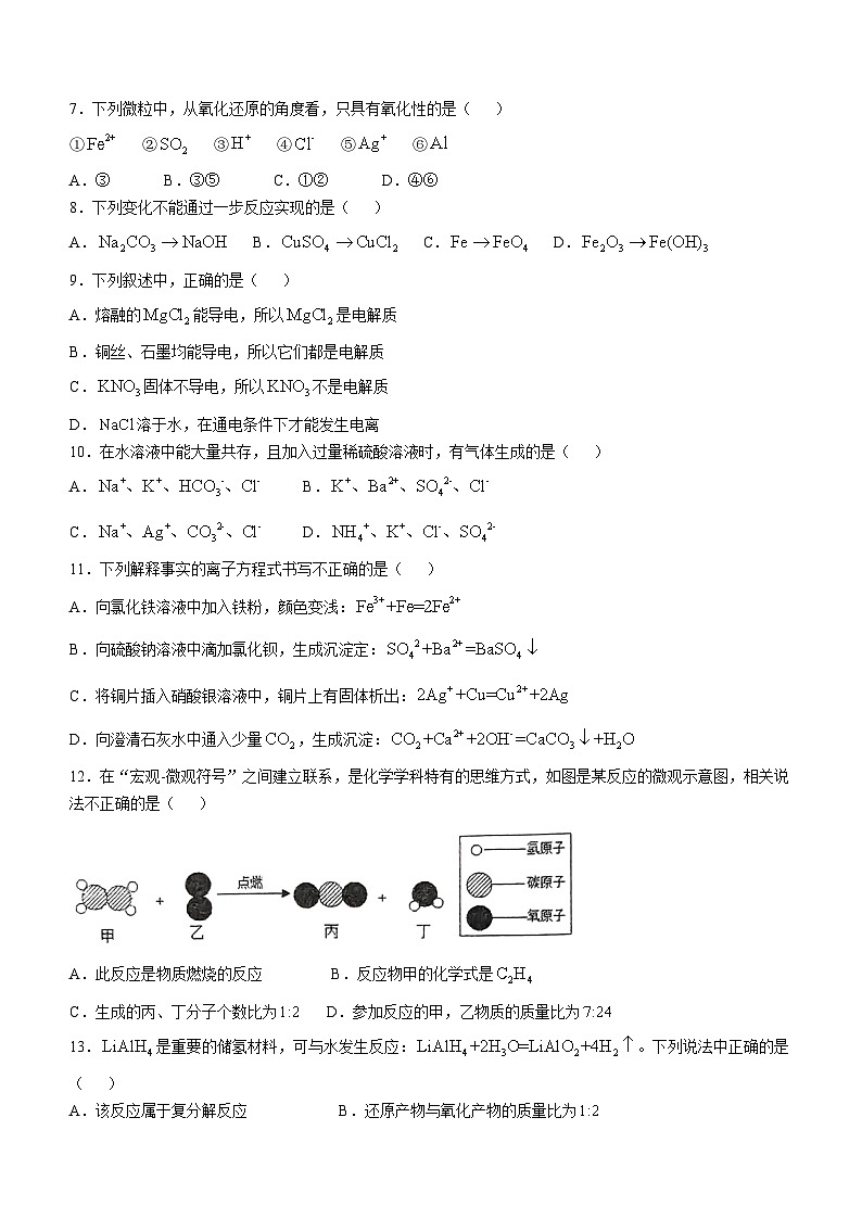北京市十一顺义学校2024-2025学年高一上学期10月月考化学试题(无答案)02