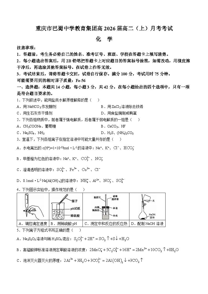 重庆市巴蜀中学校2024-2025学年高二上学期10月月考 化学试题01