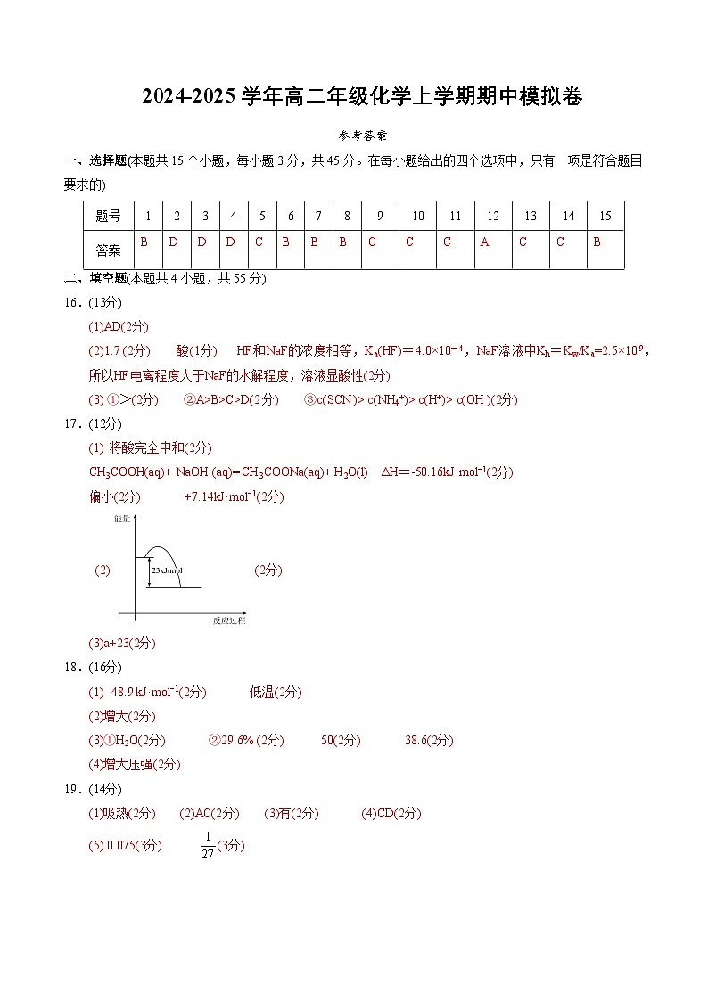 高二年级化学期中模拟卷（参考答案）第1页