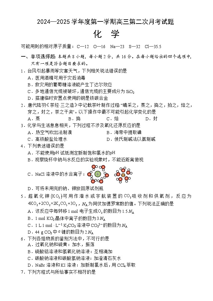 海南省文昌中学2024-2025学年高三上学期第二次月考试题 化学（含答案）01