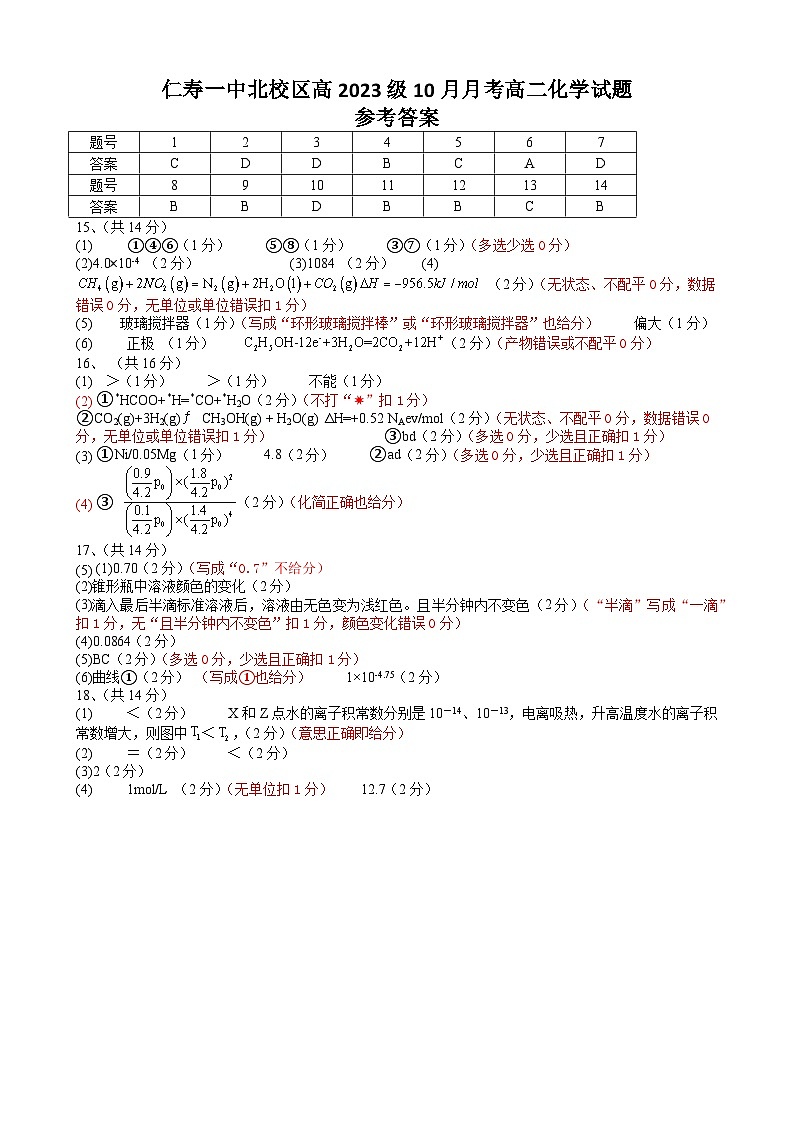 四川省仁寿一中北校区2024-2025学年高二上学期10月月考化学试题（含答案）01