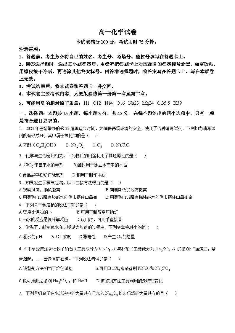 吉林省白城市洮北区九校联考2024-2025学年高一上学期期中测试  化学试题第1页