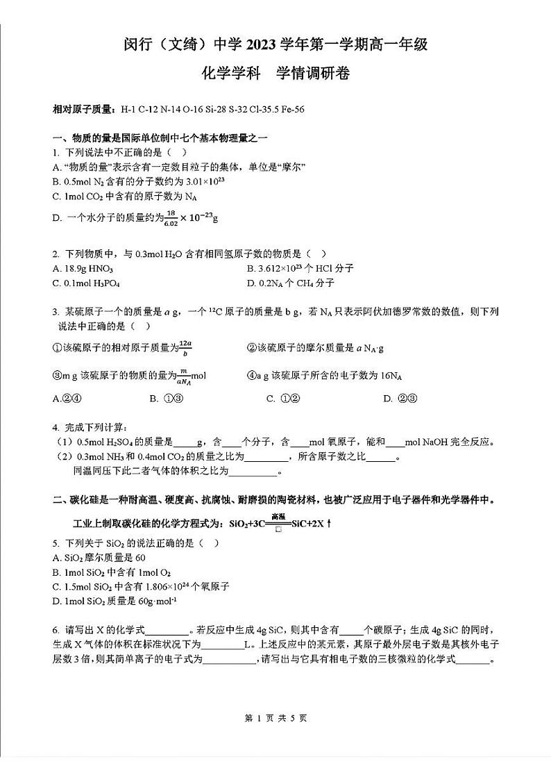 上海市闵行（文绮）中学2023-2024学年高一上学期10月月考 化学试题第1页