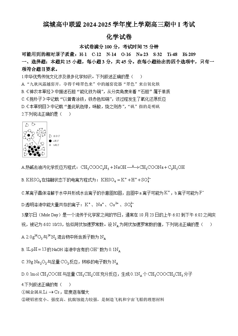 辽宁省大连市滨城高中联盟2024-2025学年高三上学期10月月考 化学试卷第1页