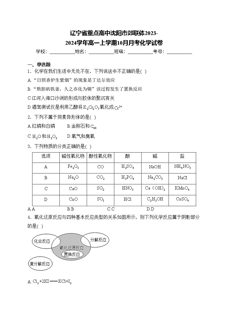 辽宁省重点高中沈阳市郊联体2023-2024学年高一上学期10月月考化学试卷(含答案)01