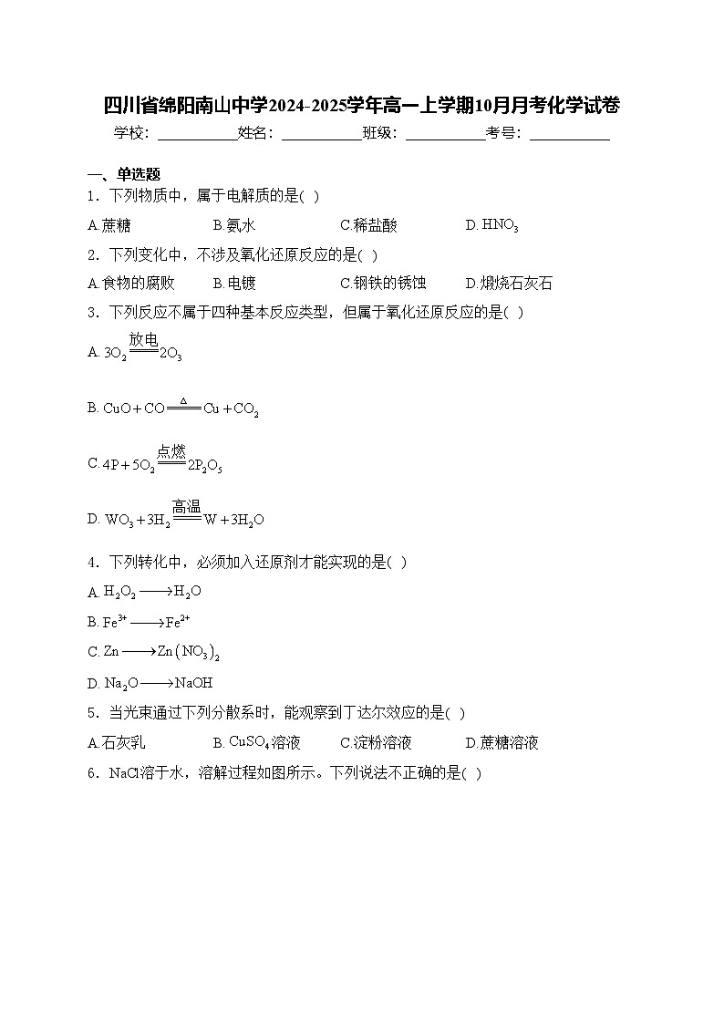 四川省绵阳南山中学2024-2025学年高一上学期10月月考化学试卷(含答案)第1页