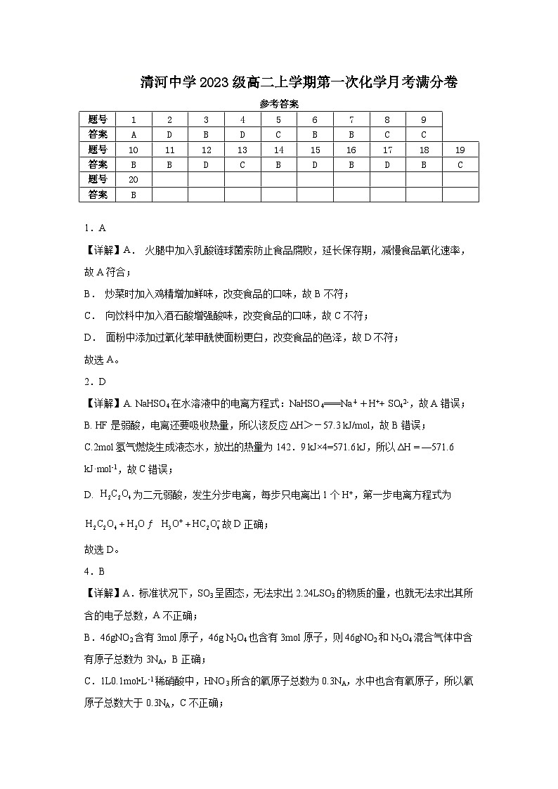 2024-2025学年上学期清河中学高二第一次化学月考满分卷答案第1页