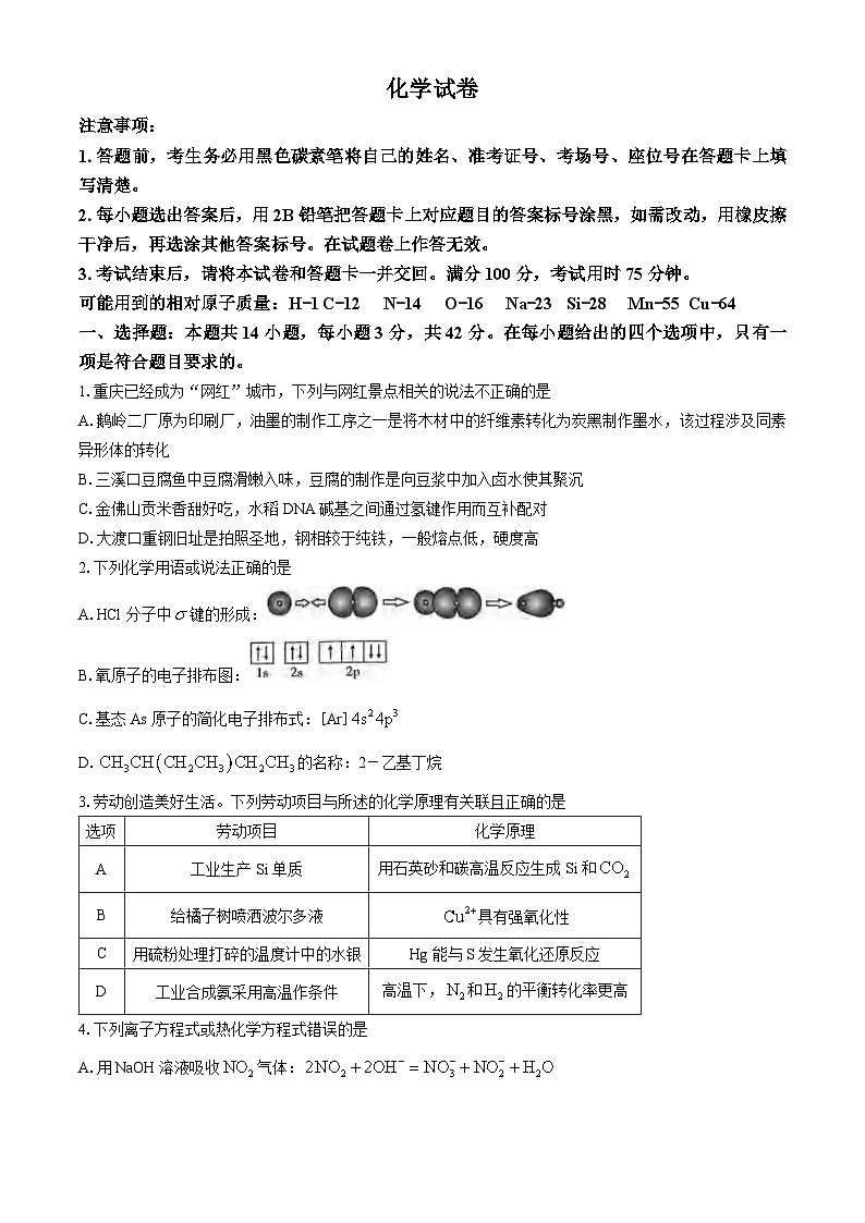 重庆市第八中学校2024-2025学年高三上学期10月月考 化学试卷01