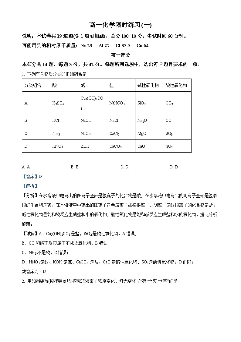 中国人民大学附属中学2024-2025学年高一上学期10月限时练习（一）化学试题 Word版含解析第1页