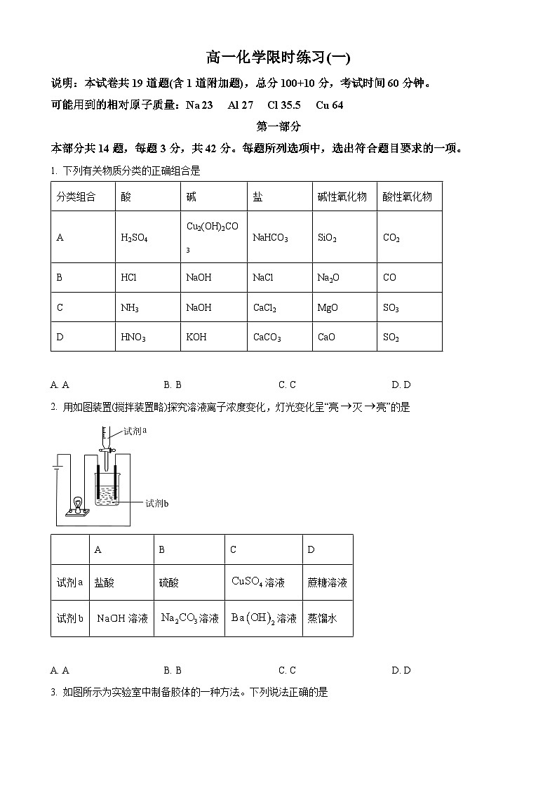 中国人民大学附属中学2024-2025学年高一上学期10月限时练习（一）化学试题 Word版无答案第1页