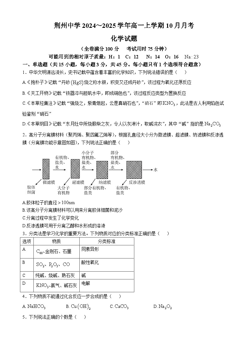 湖北省荆州中学2024-205学年高一上学期10月月考 化学试题01