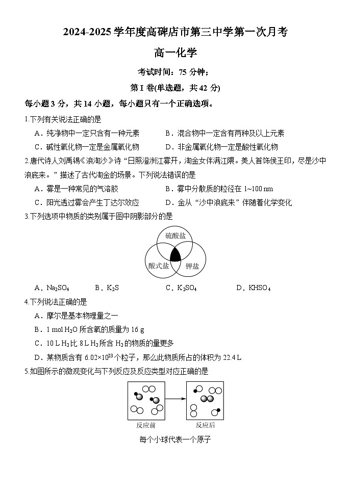 +河北省保定市高碑店市第三中学2024-2025学年高一上学期10月第一次月考+化学试题01