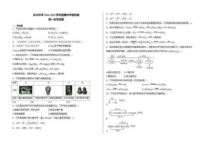 山东省新泰市弘文中学2024-2025学年高一上学期期中检测 化学试题第1页