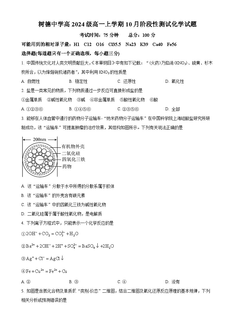 四川省成都市树德中学2024-2025学年高一上学期10月月考化学试题 Word版无答案第1页